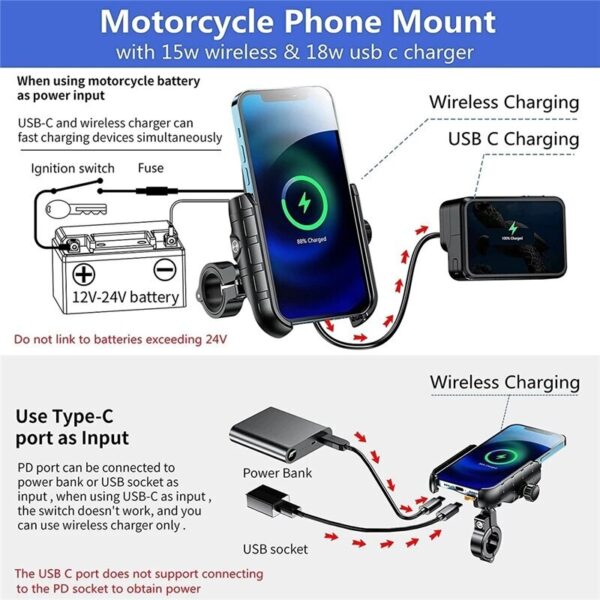 Suporte para Motocicleta com Carregador Sem Fio e Porta USB - Image 5